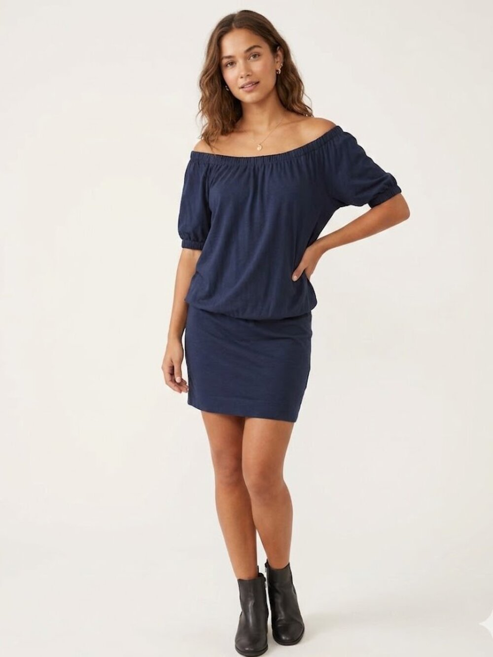 Vince Bateau Off-Shoulder Elastic Waist Short Sleeve Mini Dress